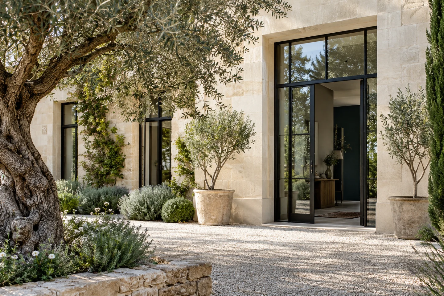 Entrée d’une maison rénovée en pierre claire